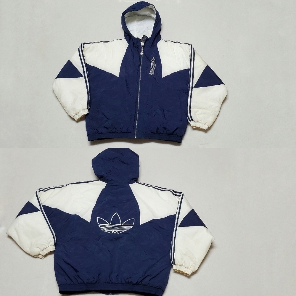 VINTAGE 90s Adidas Blue White Trefoil Logo Insulated Puffer Jacket Parka XL